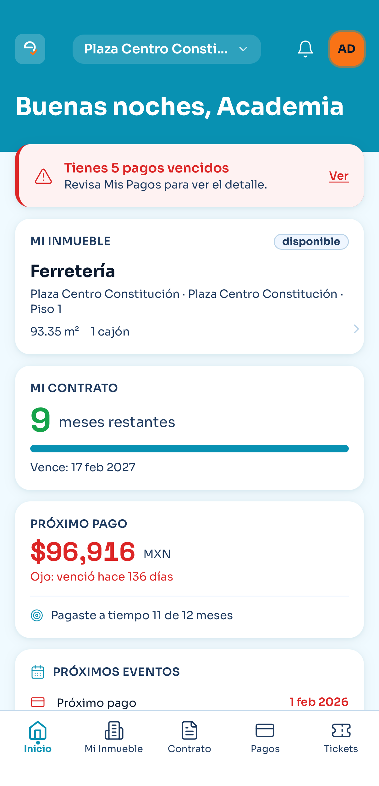 App de elisa · Home con próximo pago y contrato